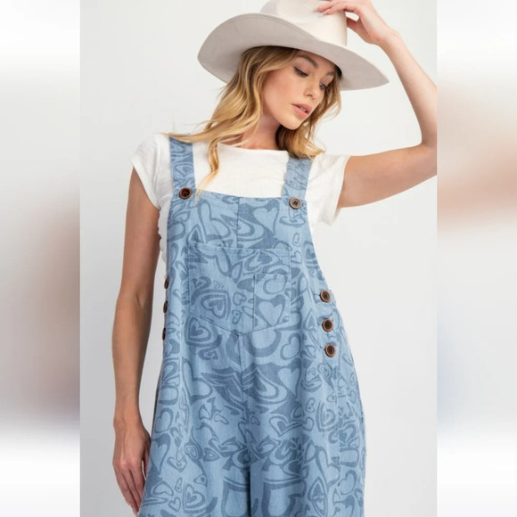 New Easel Heart Printed Denim Overalls Jumpsuit M - Picture 2 of 6